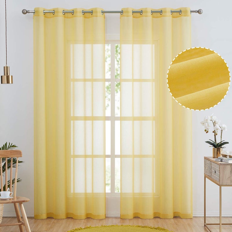July Joy Semi Linen Look Sheer Curtains for Bedroom, Living Room Grommet Light Filtering Solid Voile Window Curtains, Set of 2 Panels (52 x 96 inch, Yellow) - Image 1